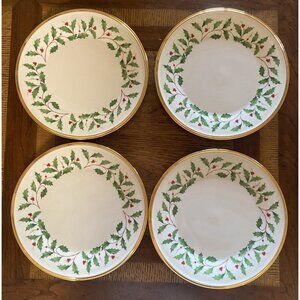 4 Lenox Holiday Dimensions Collection 8” Salad Plate Holly Berries USA Made